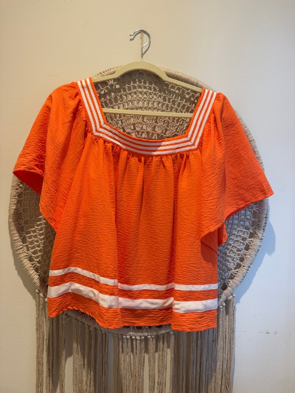 Orange Square-Neck Puff Sleeve Top with Striped Trim